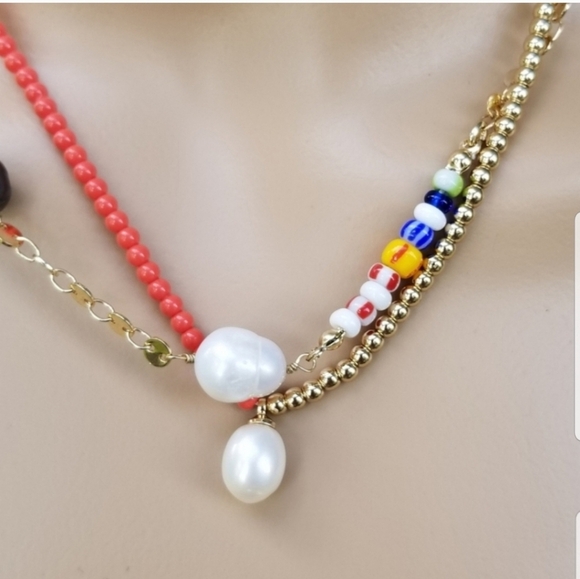 LOFT NWT COLORED GLASS BEAD & BAROQUE PEARL LAYERED NECKLACE - Picture 3 of 8